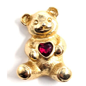 Teddy Bear Red Heart Rhinestone Gold Tone Pin Tie Tack Avon Animal Jewelry